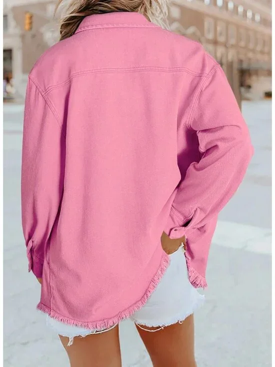 Women's Oversized Denim Jacket Long Sleeve Denim Shirt Jean Jacket B2 Pink - Picture 4 of 6